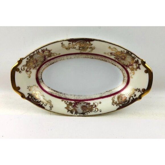 Meito China Oval Bowl Dish Gold Burgundy Trim Japan Hand Painted Vintage - Picture 3 of 10